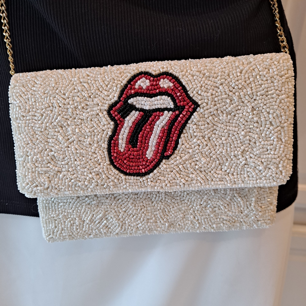 Shirdee Ivory Beaded Clutch Crossbody with Red Lips & Tongue Iconic Design